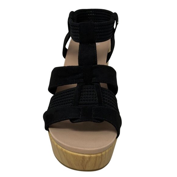 Dr. Scholls Black Blossom Strappy Platform Sandals US 10M Faux Wood Block Heel - Picture 4 of 11